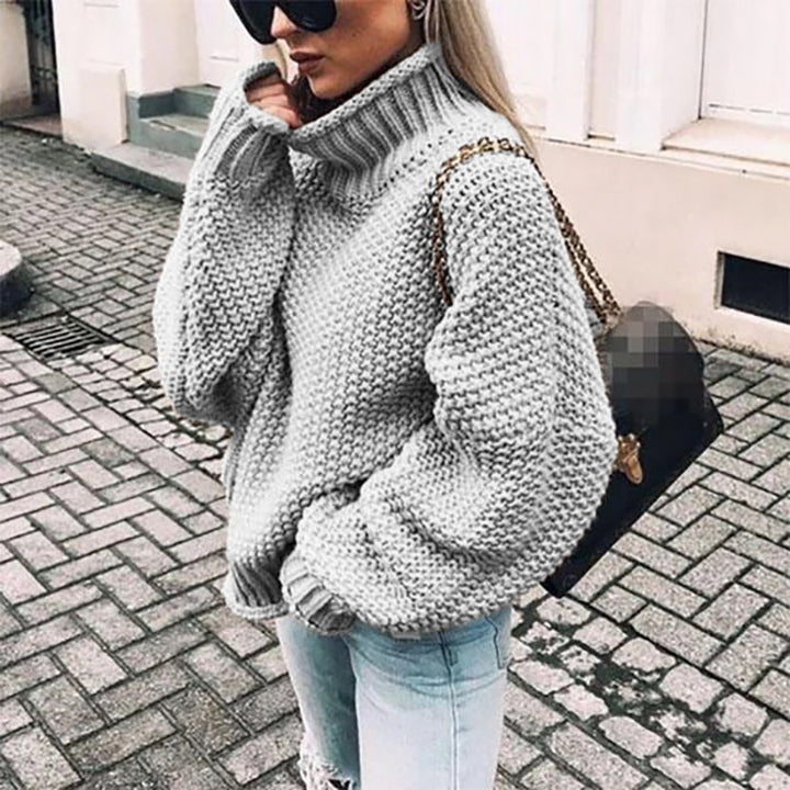 Chunky knit sweater for women with high collar and dropped shoulders Lune London
