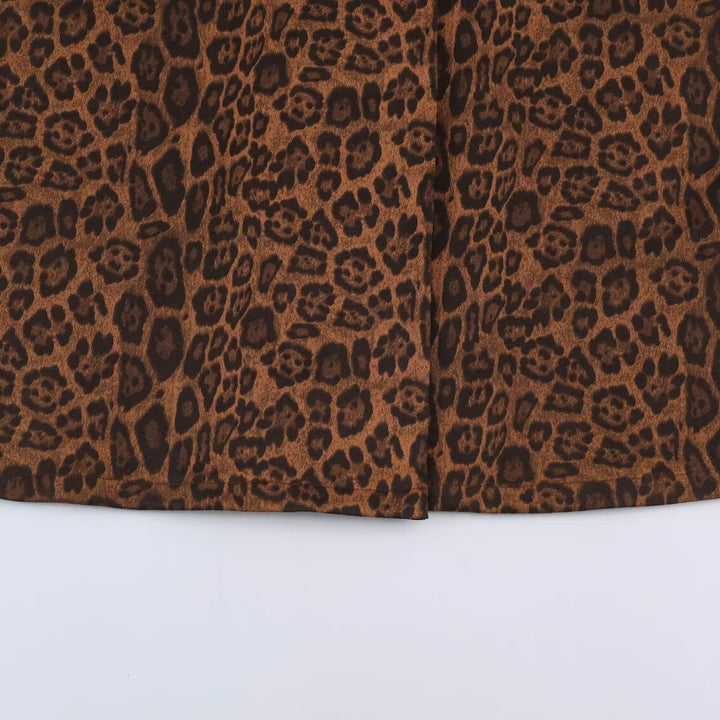 Women Double-Breasted Coat with Leopard Print and Satin Shawl Collar Amarae