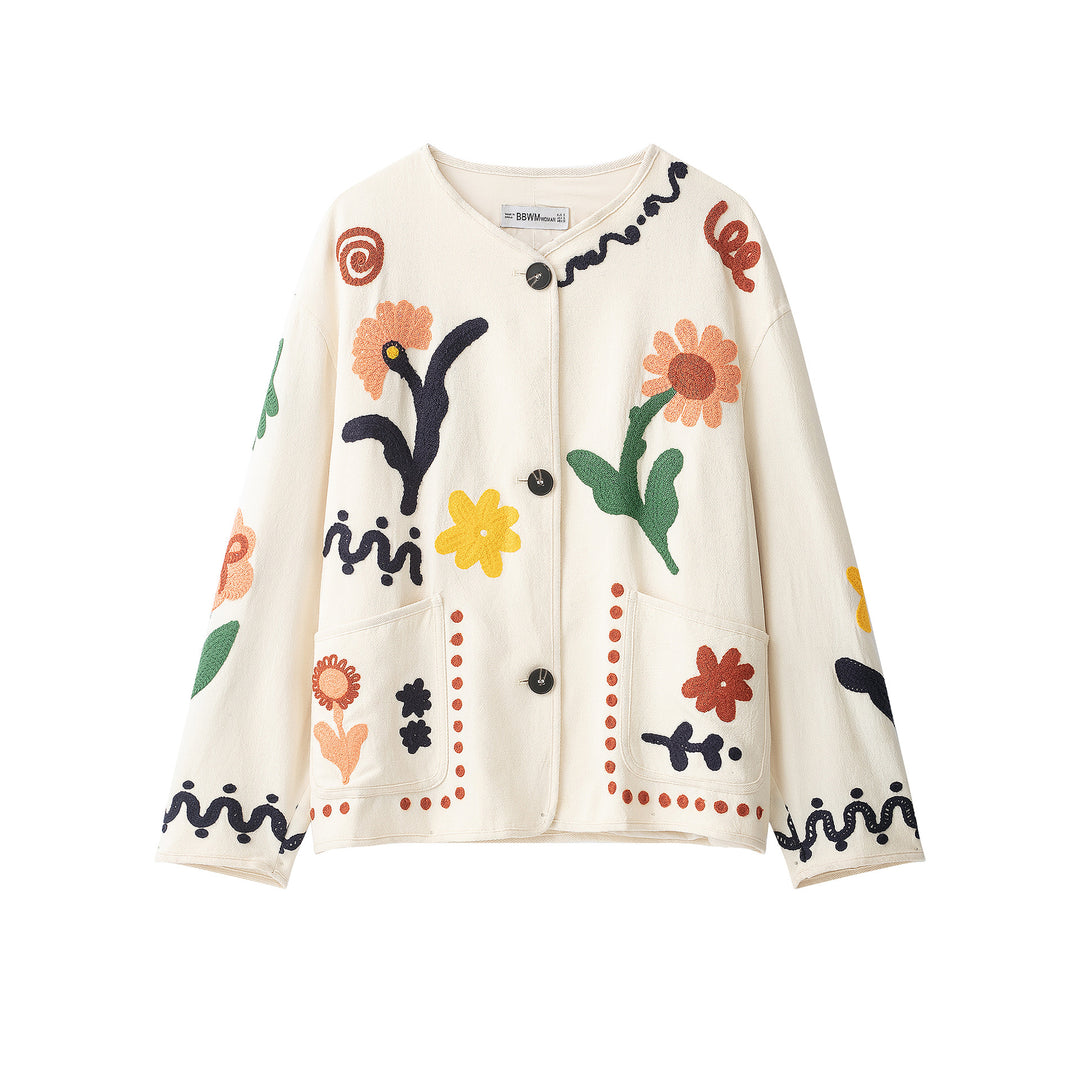 Women's Embroidered Oversized Cotton Jacket with Floral Decor and Button Placket Amarae