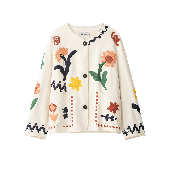 Women's Embroidered Oversized Cotton Jacket with Floral Decor and Button Placket Amarae