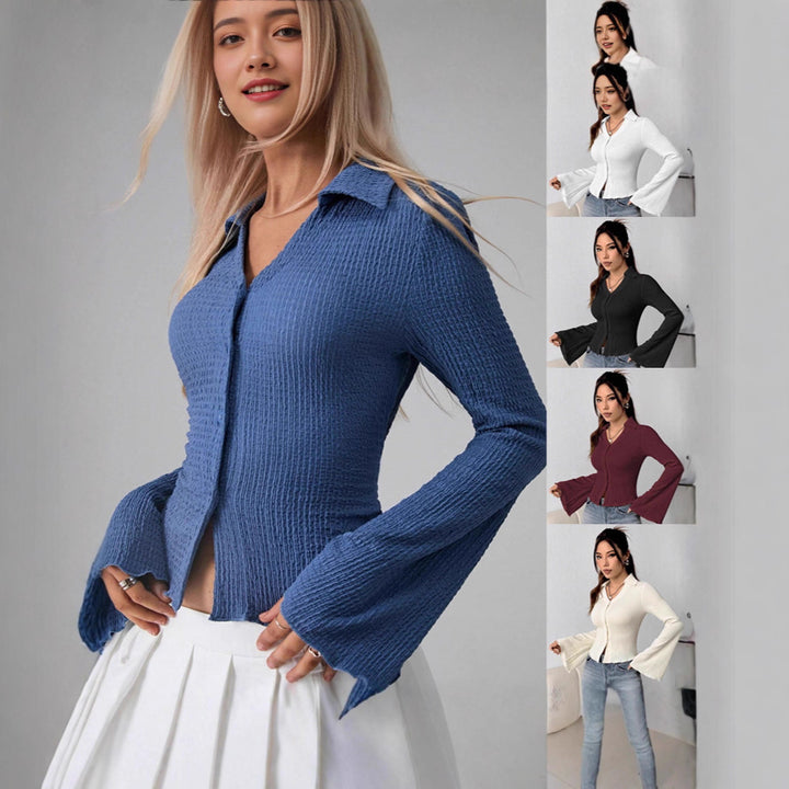 Ladies Elegant Long Sleeve T-shirt with Velvety Texture and Bell Sleeves Lune London