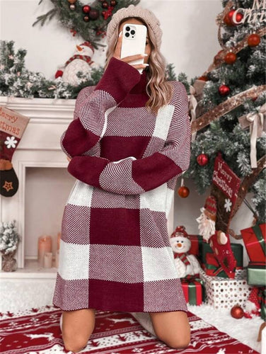 Women's knitted dress with high collar and checkered pattern Amarae