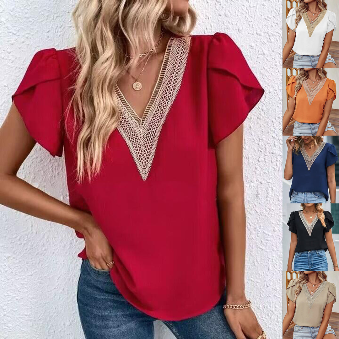 Elegant short-sleeve blouse for women with V-neck embellishment Lune London