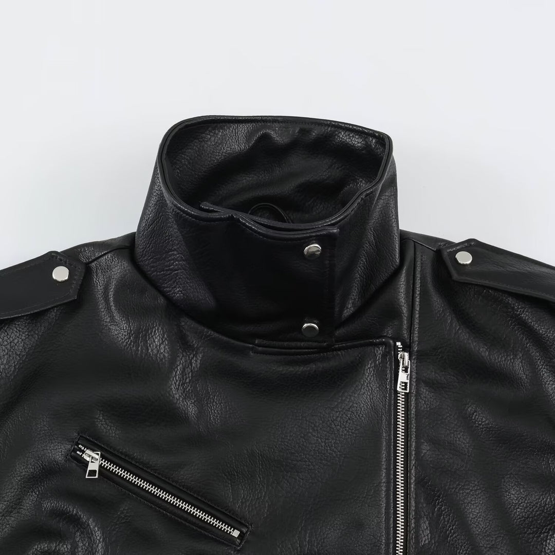 Men's biker leather jacket with high stand-up collar, shoulder flaps and waist belt Amarae
