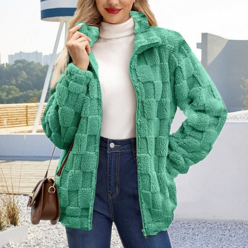 Women's teddy jacket with check structure, stand-up collar and zipper Amarae