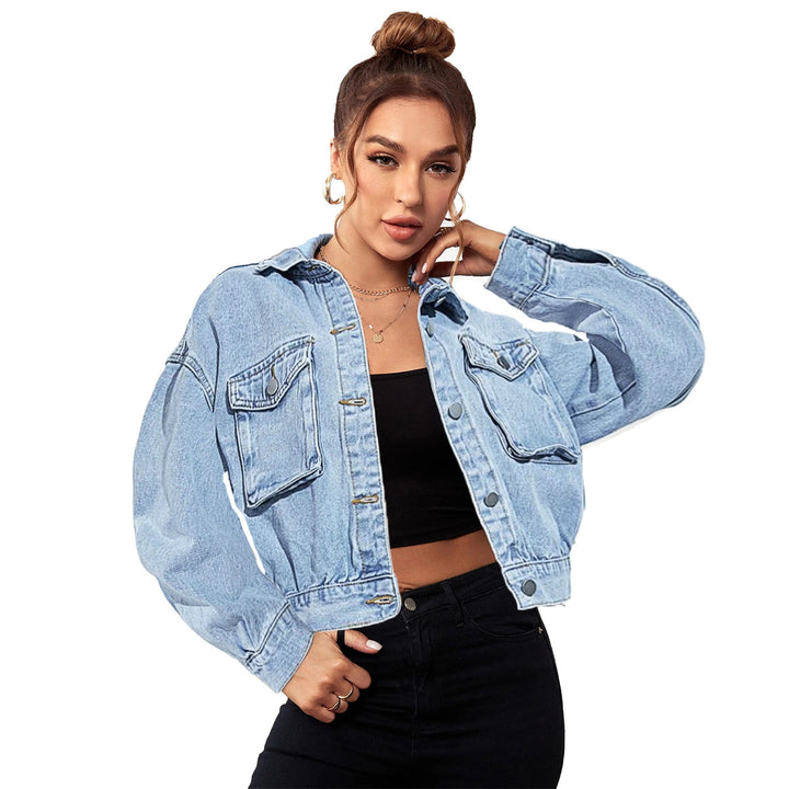 Women Cropped Boxy Denim Jacket with Patch Chest Pockets and Short Hem Amarae
