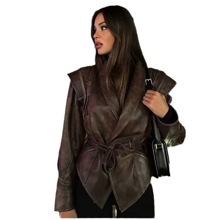 Women's Tailored Leather Jacket with Ties and Emphasized Shoulder Area Amarae