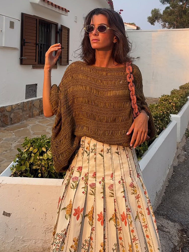 Women Loose Crocheted Poncho Knit Blouse with Wide Boat Neck and Texture Pattern Amarae