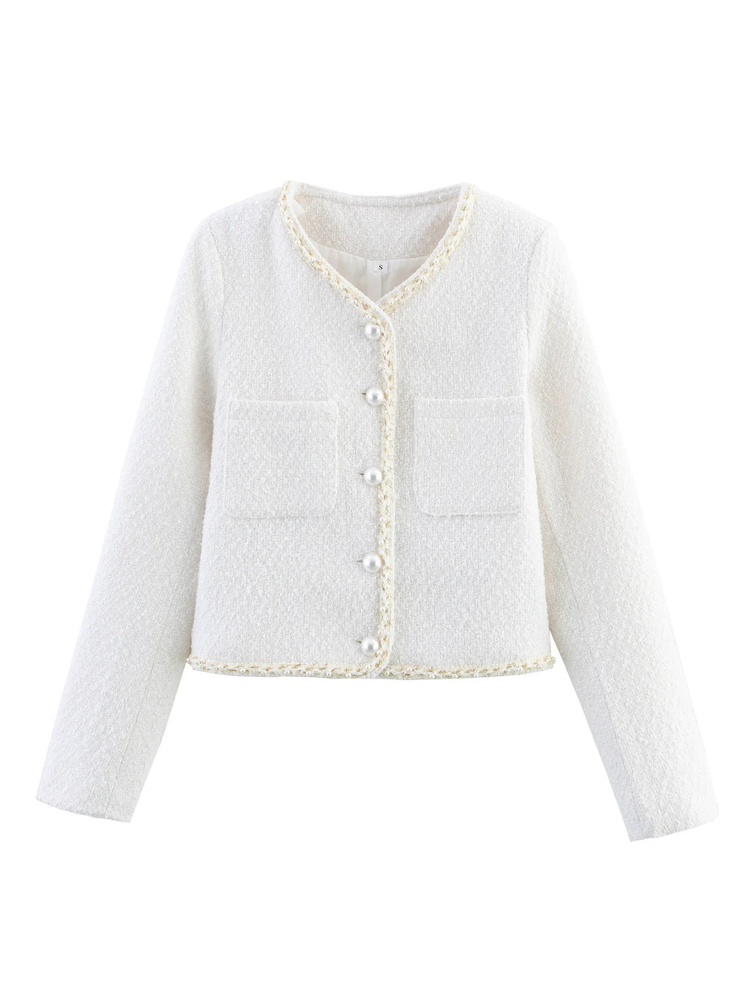 Elegant short-sleeve women's jacket with pearl-adorned buttons and patch pockets Lune London