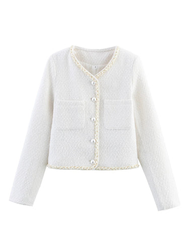 Elegant short-sleeve women's jacket with pearl-adorned buttons and patch pockets Amarae