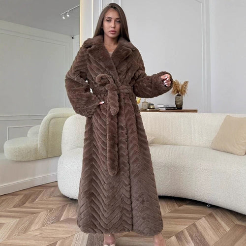 Women's Maxi Faux Fur Coat with Hood and Chevron Quilting Amarae