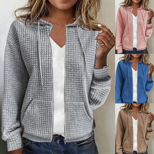 Ladies hooded jacket in textured fabric with pockets and zipper Amarae