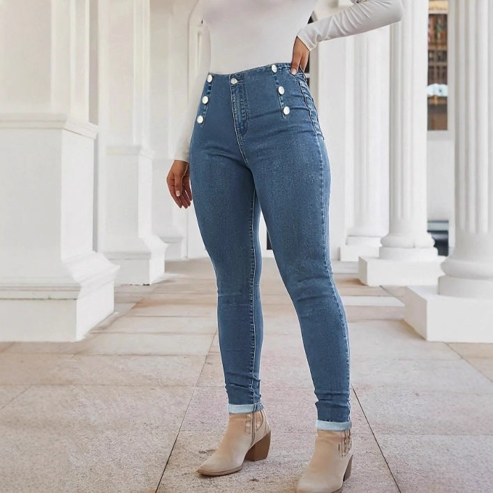 Women's High-waisted, figure-shaping Skinny Jeans with double decorative button placket Amarae