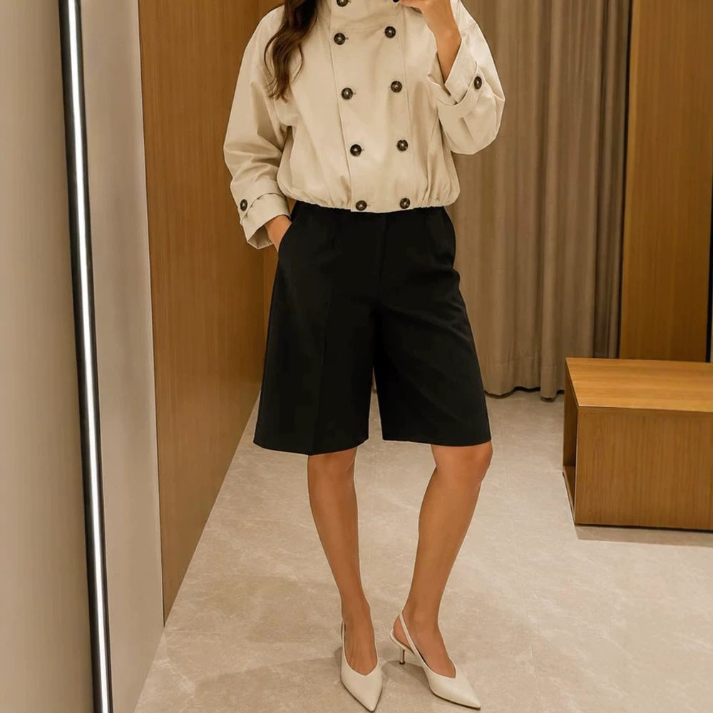 Women's tailored short trench coat with double-breasted style, stand collar and shoulder flaps Amarae