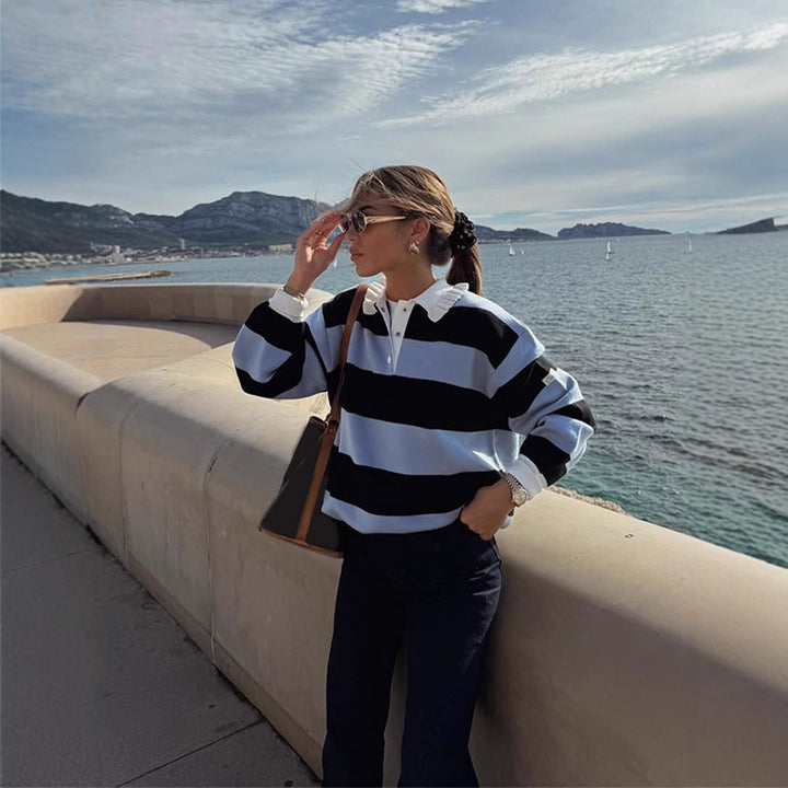 Women's Striped Oversized Rugby Sweater with Ruffle Collar and Polo Button Placket Amarae