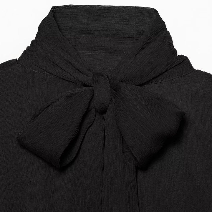 Women's chiffon blouse with tie, standing collar, and gathered balloon sleeves Amarae