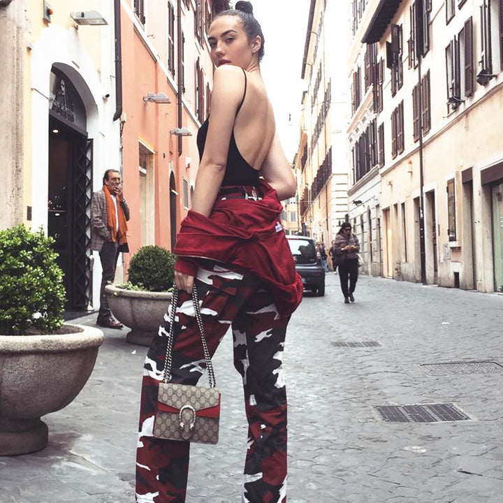 Cargo pants for women with a modern camouflage design featuring practical pockets and elastic waist Lune London