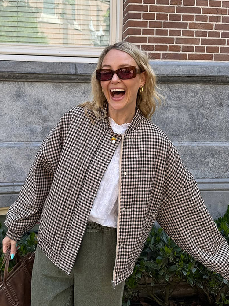 Women's Oversize Checked Bomber Jacket with Standing Collar and Concealed Snap Placket Amarae