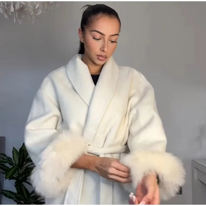 Ladies Elegant tie jacket with faux fur sleeves Lune London