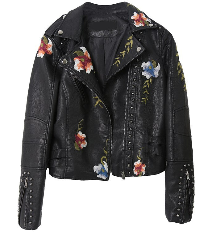 Ladies elegant biker jacket with floral embroidery and studs Amarae