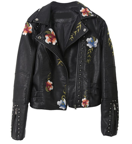 Ladies elegant biker jacket with floral embroidery and studs Amarae