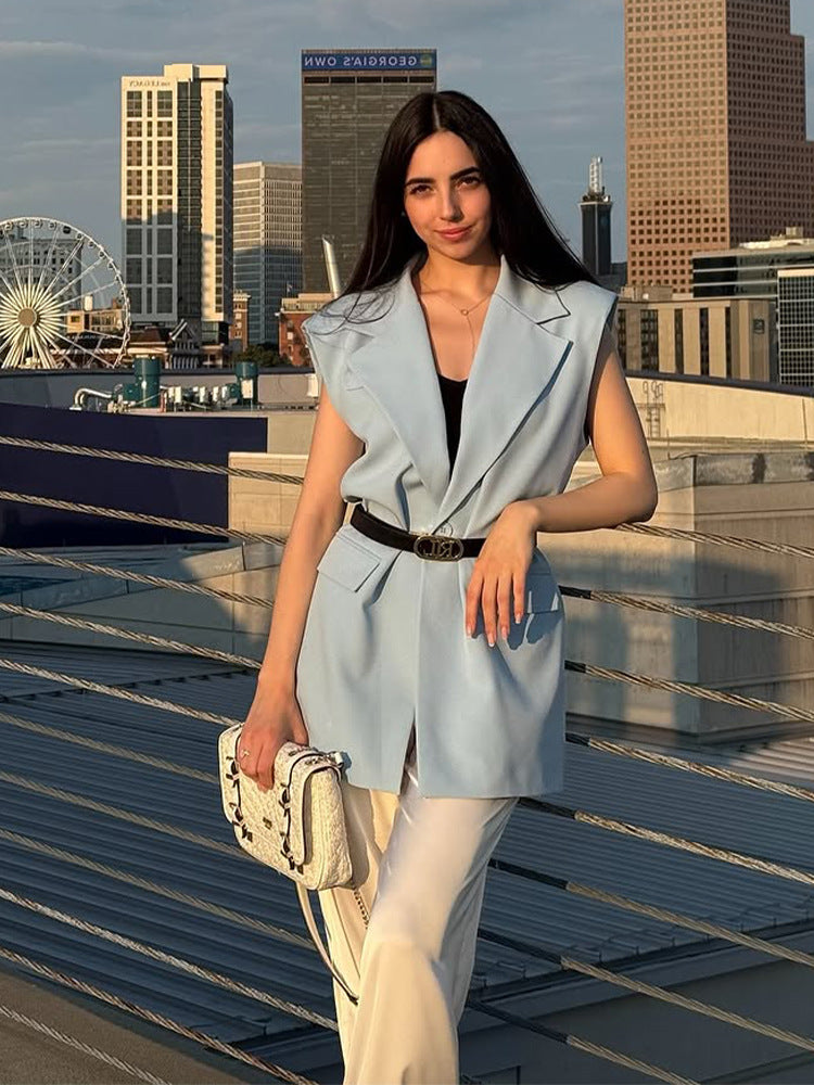 Women's Sleeveless Long Blazer Vest with Emphasized Shoulder and Waist Shape Amarae