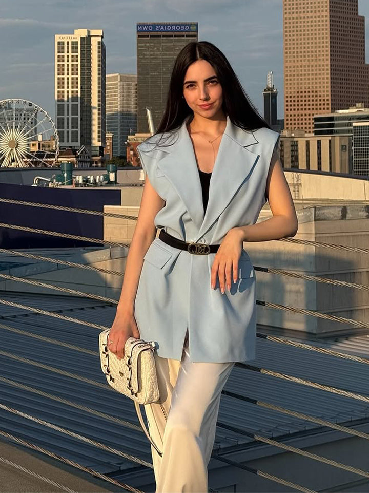 Women's Sleeveless Long Blazer Vest with Emphasized Shoulder and Waist Shape Amarae
