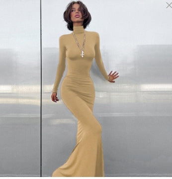 Ladies Elegant Maxi Dress with High Collar and Chic Fitted Cut