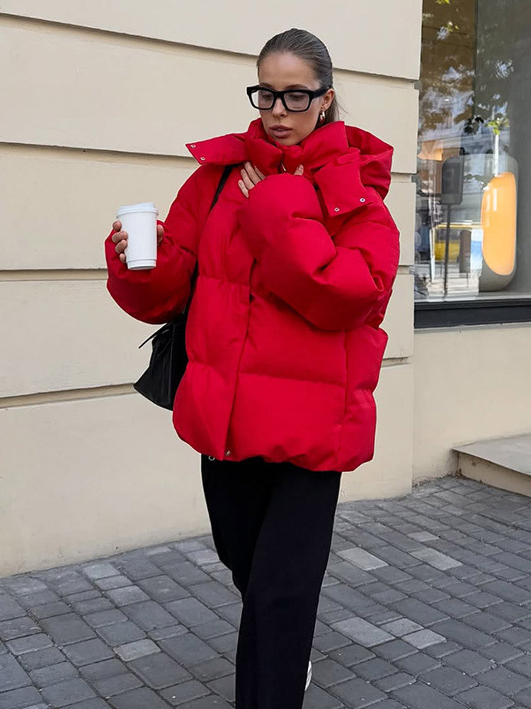 Women Short Cut Quilted Winter Jacket with High Collar Hood and Padded Thermal Lining Amarae
