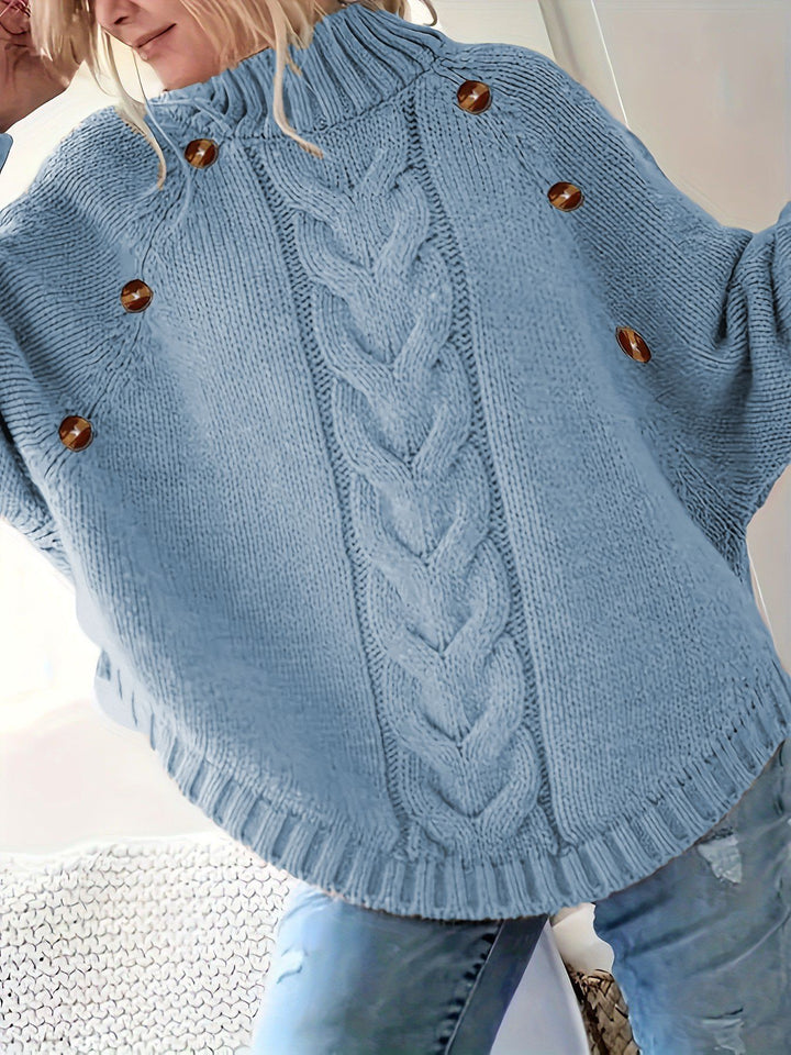 Chunky knit sweater for women with high neck and decorative buttons Lune London