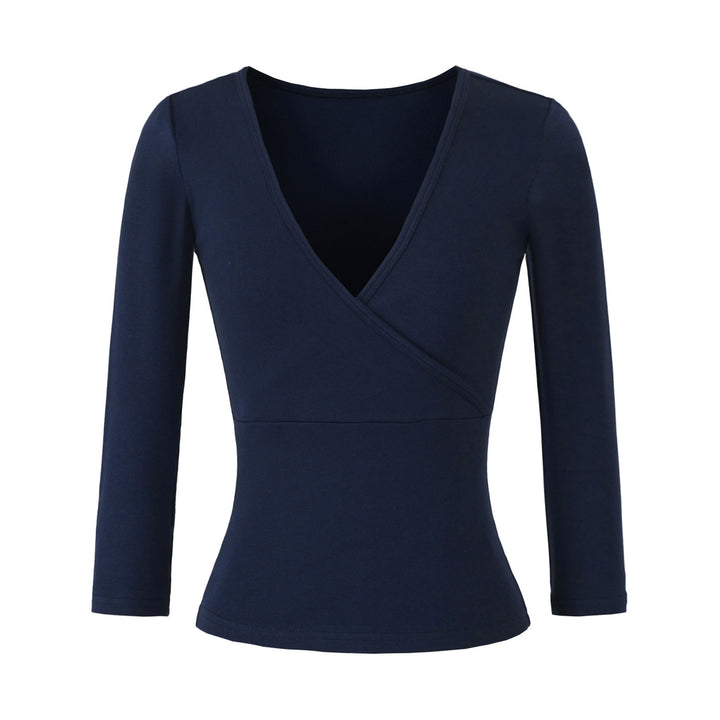 Women's figure-hugging wrap top made of stretch jersey with deep V-neck and tailored silhouette.