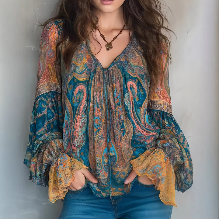 Women’s Boho-Chic Blouse with Flamed Sleeves and V-Neck Lune London