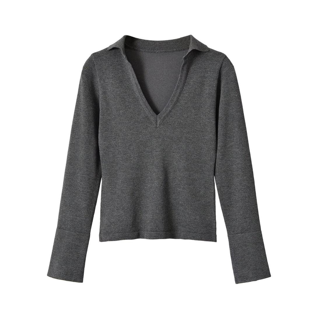 Ladies fine knit long sleeve with deep V-neck and shirt collar Amarae