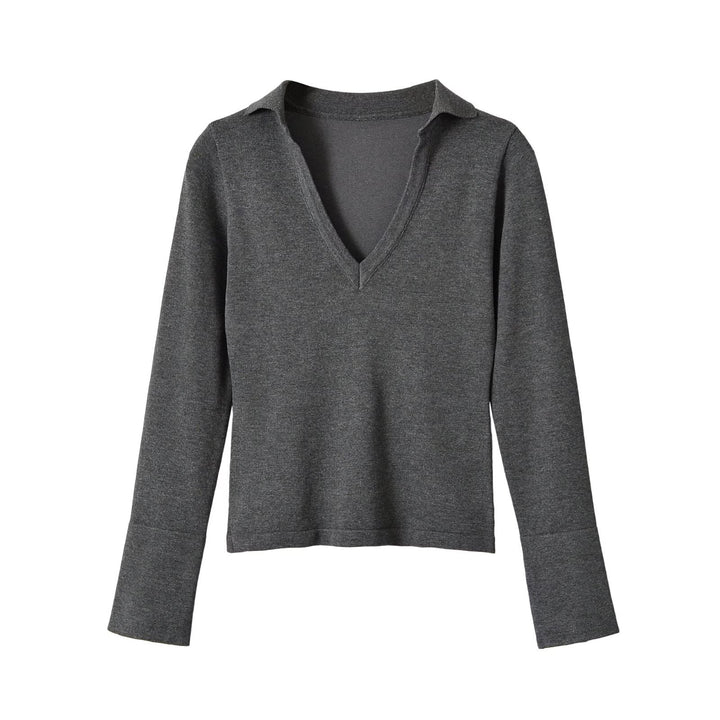 Ladies fine knit long sleeve with deep V-neck and shirt collar Amarae