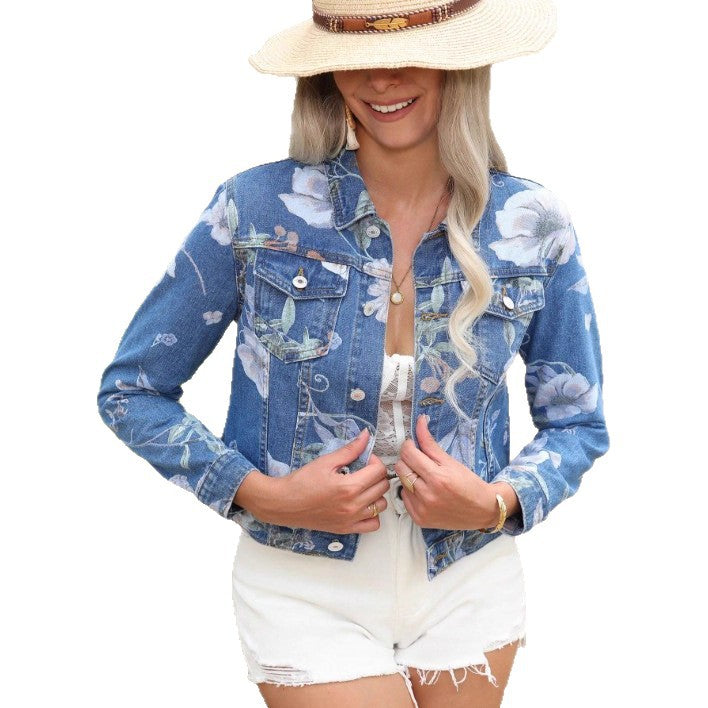 Women's floral print denim jacket cropped with tailored fit and flap pockets Amarae