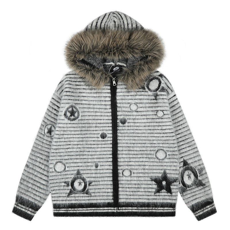 Women's Hooded Cardigan with Fur Trim, Striped Mohair Look and Star Appliqués Amarae