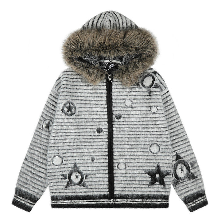 Women's Hooded Cardigan with Fur Trim, Striped Mohair Look and Star Appliqués Amarae