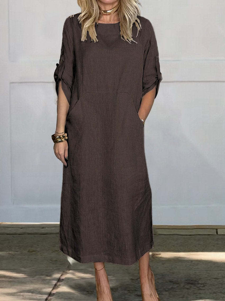 Women's Casual Linen Midi Dress with Side Pockets and Roll-Up Sleeves Chic & Stil