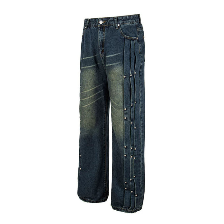 Women's Loose Denim Jeans with Snap Button Side Stripes, High Waist and Used Wash Amarae