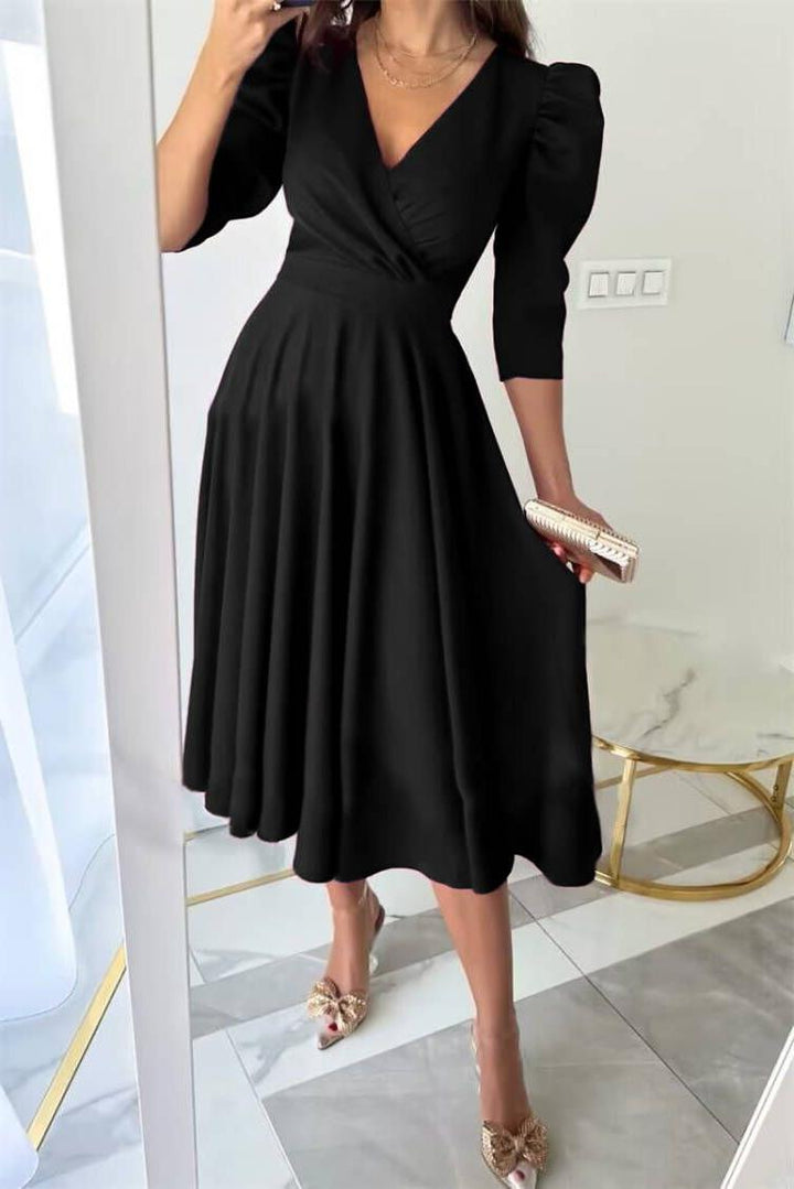 Lune London A-line festive dress for women with puff sleeves and V-neck