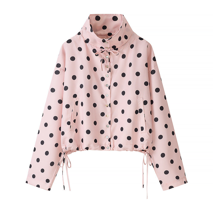 Women's Lightweight Polka Dot Wind Jacket with Stand-Up Collar and Drawstring Amarae