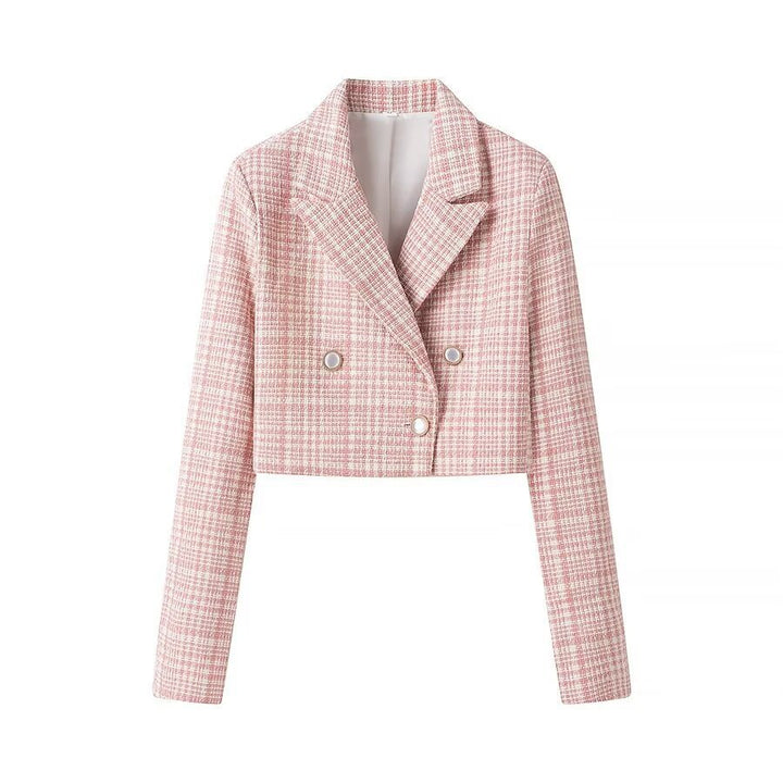 Veste à carreaux courte pour femmes en coupe classique avec patte de boutonnage double Chic & Stil