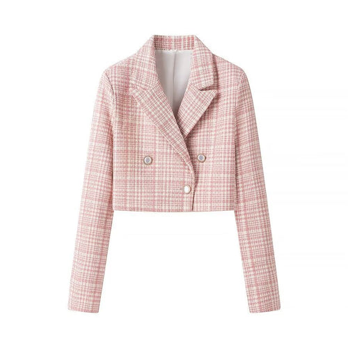 Veste à carreaux courte pour femmes en coupe classique avec patte de boutonnage double Chic & Stil