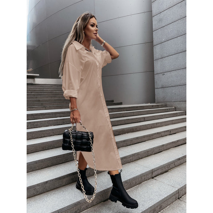 Women's Long Oversized Shirt Dress with Continuous Button Placket, Cuffed Sleeves and Deep Side Slit Amarae