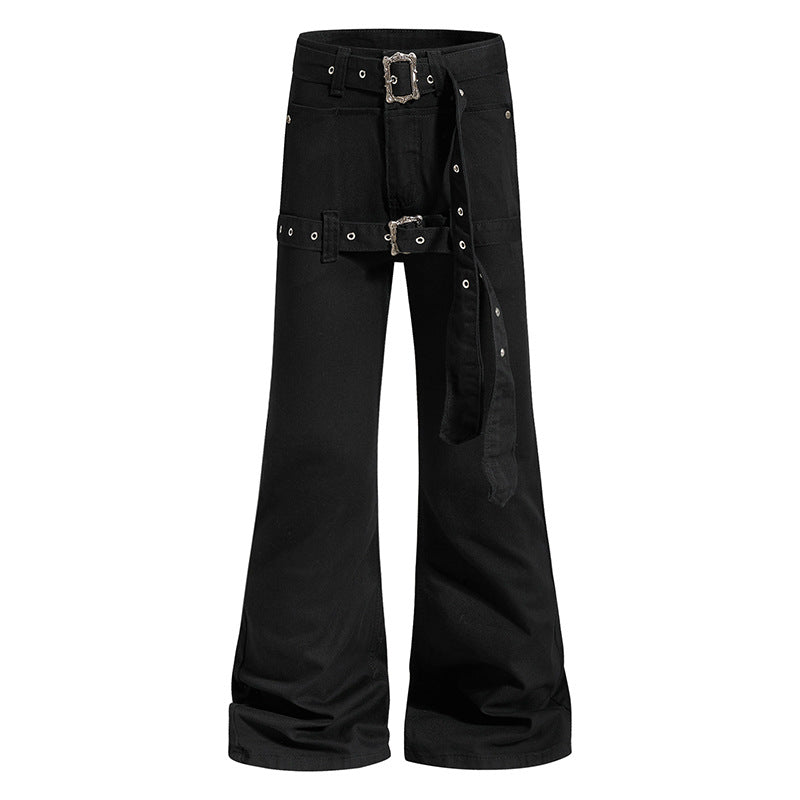 Women's High-Waist Flared Cargo Pants with Wide Leg, Double Belt and Metal Eyelets Amarae