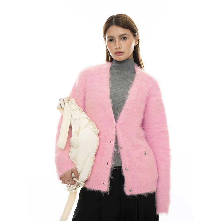 Ladies Chunky Fluffy Mohair-Look Cardigan with Button Placket and Pockets Amarae