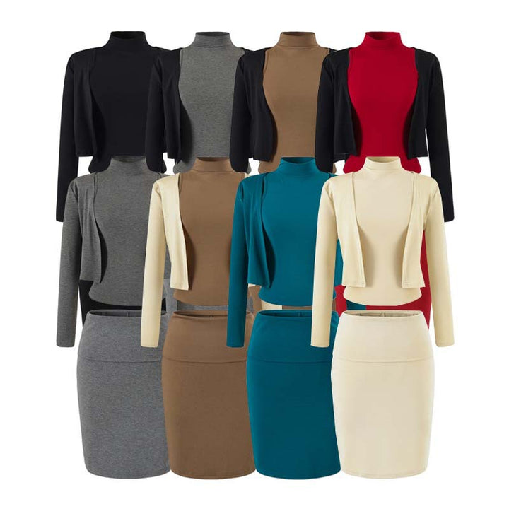 Ladies two-piece business knit set with turtleneck top, bolero, and pencil skirt Amarae
