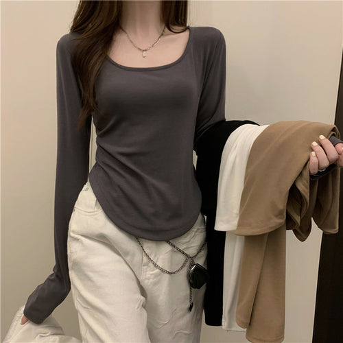Women's long sleeve shirt with a stylish round neckline and fitted cut