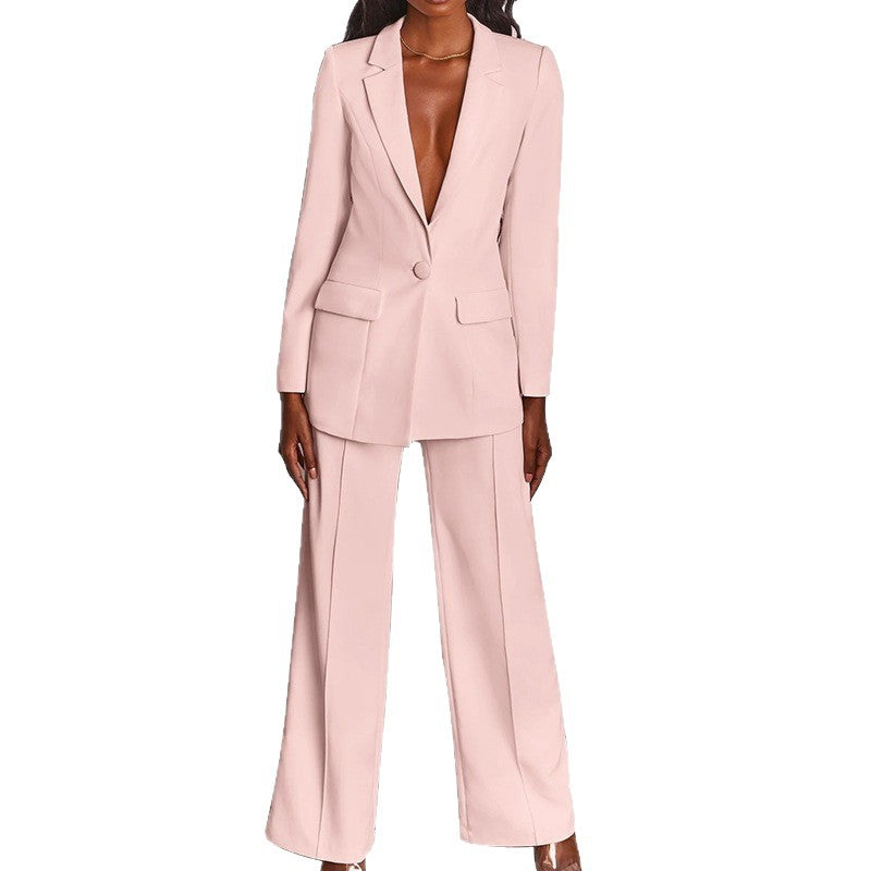 Ladies Elegant Two-Piece Suit with Tailored Long Blazer and Wide Pleated Pant Leg Amarae