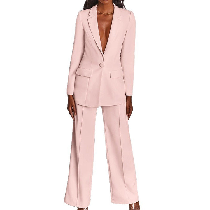 Ladies Elegant Two-Piece Suit with Tailored Long Blazer and Wide Pleated Pant Leg Amarae